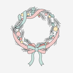 Obraz premium Festive illustration of a Christmas wreath decorated with ornaments and ribbons.