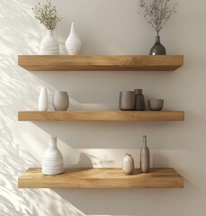Wooden wall floating shelves displaying home decorative pieces, designed for storage and organization in a modern living room. 3D rendering, Generative AI