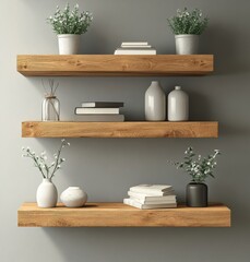 Wooden wall floating shelves displaying home decorative pieces, designed for storage and organization in a modern living room. 3D rendering, Generative AI