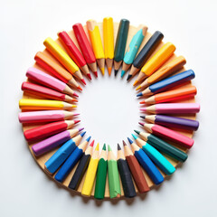 Top view of colorful pencils arranged in circular rainbow pattern