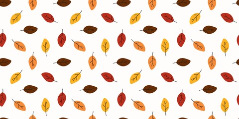 Seamless autumn leaves pattern with red, yellow, orange, and brown foliage on a white background, perfect for seasonal design and fall-themed decoration.