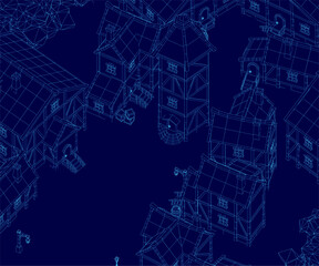 A medieval town blueprint on a blue background features intricate wireframe details of buildings and streets. The environment layout includes houses, pathways, and structural outlines.