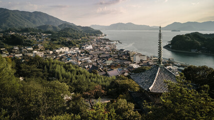 Drone view of Kojoji Pagoda and Setoda, Ikuchi Island, Japan
