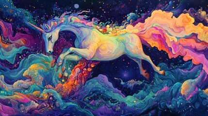 Colorful unicorn gallops through vibrant nebula.