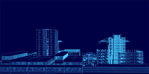 Fototapeta premium Blueprint of a city building under construction features detailed contours, windows, and scaffolding on a dark blue background. The vector design ensures sharp lines and precise architectural.