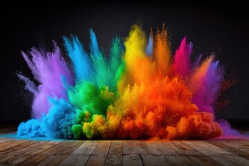 Colorful powder explosion on a wooden floor