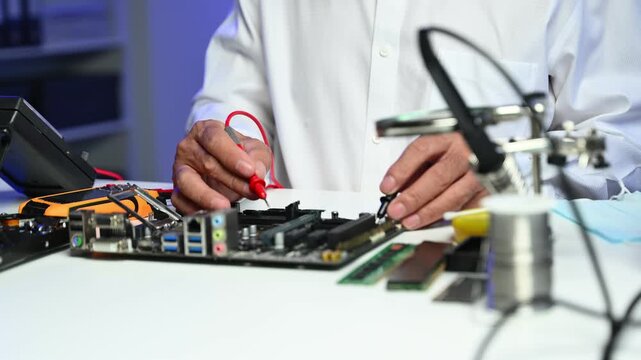 Computer technician in gloves safely repairing desktop hardware. Close-up view of hands fixing GPU and motherboard inside open PC case. Perfect for tech