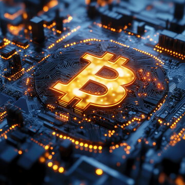 Cryptocurrency action bitcoin mining on a circuit board digital realm high-tech environment close-up viewpoint financial innovation