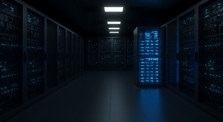 Luminous Blue Mainframe Illuminates a Dark, Symmetrical Server Room Aisle