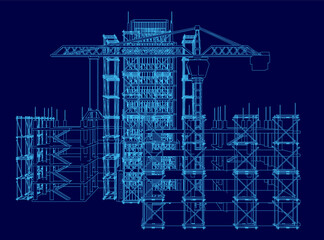 A detailed blueprint of a city building under construction features white structural contours, windows, and pillars against a vibrant blue background. The contrast highlights architectural.