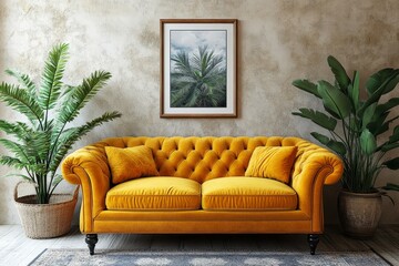 Vibrant yellow velvet loveseat sofa against a beige stucco wall with an art poster frame, offering rustic interior design for a modern living room. 3D rendering, Generative AI