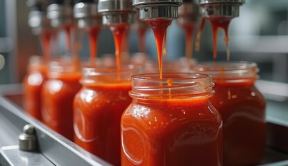 Close-up of tomato sauce being dispensed from automated nozzles into jars on a conveyor, ideal for sauce production, culinary, or food industry visuals