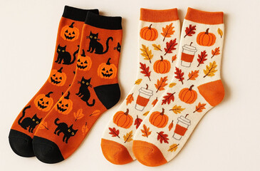 Colorful cotton socks with a decorative Halloween pattern in the form of orange pumpkins, black cats, bats, autumn leaves and ghosts, on a light background, fun Halloween clothes