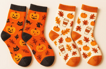 Colorful cotton socks with a decorative Halloween pattern in the form of orange pumpkins, black cats, bats, autumn leaves and ghosts, on a light background, fun Halloween clothes