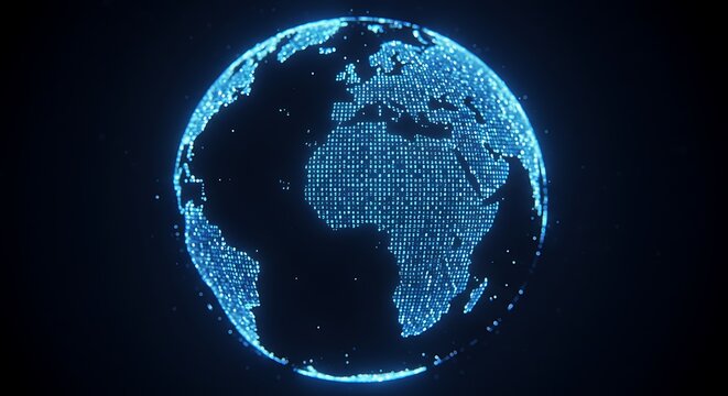 Luminous Digital Earth Sphere Composed of Glowing Blue Data and Code