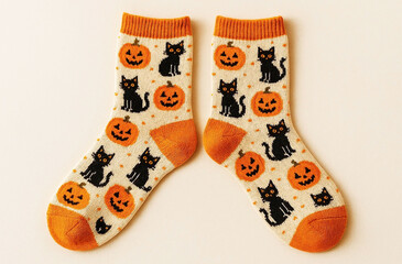 Colorful cotton socks with a decorative Halloween pattern in the form of orange pumpkins, black cats, bats, autumn leaves and ghosts, on a light background, fun Halloween clothes
