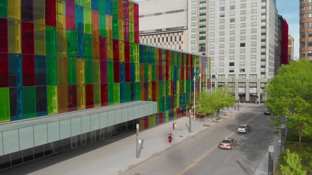 Exterior view of the Palais des congres de Montreal, a convention center in Montreal, Quebec, Canada, featuring its colorful glass facade. Montreal, Quebec, Canada