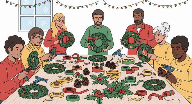 Crafting Christmas Cheer Friends and Family Making Festive Holiday Wreaths Together