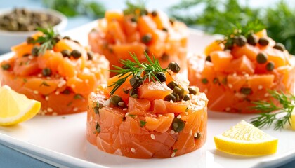 Gourmet appetizer of fresh salmon tartare with capers, dill, and zesty lemon, beautifully presented on a white plate