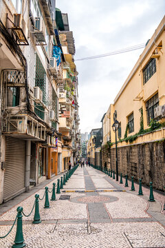 JANUARY 10, 2024, MACAU: Tourists visit the Historic Centre of Macao. The Historic Centre of Macao was inscribed on the UNESCO World Heritage List in 2005.