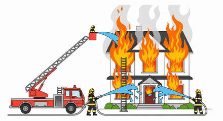 Brave firefighters in action extinguishing a residential house fire. Emergency rescue team with a ladder truck and water hoses.