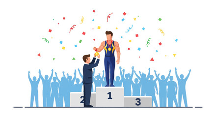 Vector illustration of a triumphant winner on a podium receiving a gold medal, celebrating championship recognition with confetti and a crowd.