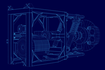 A modular 3D wireframe model of an electric machine with detailed suspension components on a blue background. The blueprint showcases intricate mechanical parts and motor connections.