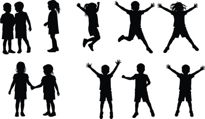 Jumping and playing kids silhouettes – happy children jumping, holding hands, standing, and celebrating in playful poses, vector black silhouettes