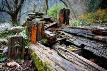 Obraz premium Decaying wooden structure in a forest