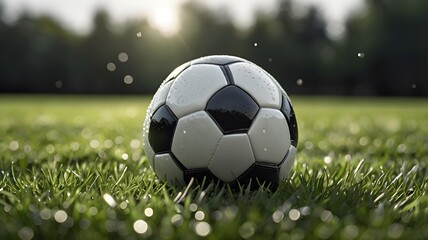Experience the thrill of the game with a stunning soccer ball glistening in the sunlit grass, perfect for sports campaigns and athletic promotions