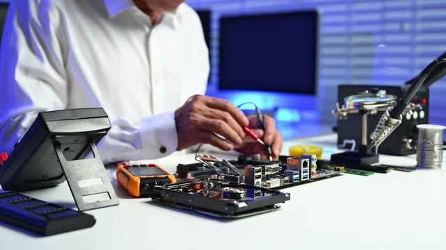 Computer technician in gloves safely repairing desktop hardware. Close-up view of hands fixing GPU and motherboard inside open PC case. Perfect for tech