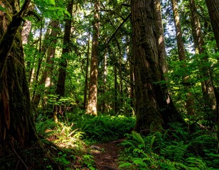 Lush forest trail in sunlight
