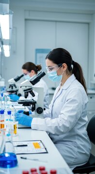 Female Scientists Conducting Research with Microscope and Test Tubes in Modern Laboratory