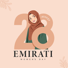 Emirates Women's Day Design with Female with Hijab Vector Illustration. Emirati Womens Day Template Suitable for Poster Banner Flyer Background. UAE Women's Day August.