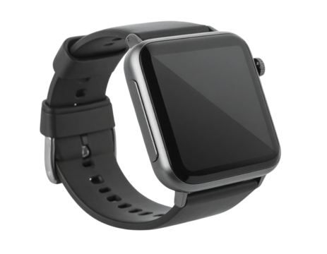 Floating Smartwatch Angled Side View with Metallic Strap, Isolated