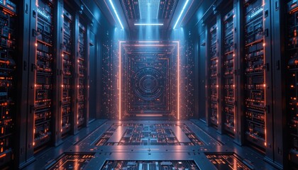 Immersive futuristic server room with glowing digital data streams and neon lights creating a powerful network infrastructure.
