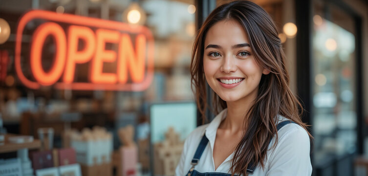 A female small business owner smiles in front of her storefront, which has a light-up sign that says "Open."