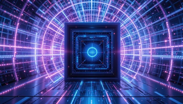 Dynamic neon cyber tunnel with glowing core, futuristic abstract digital network, data stream highway, advanced technology portal, vibrant purple and blue light