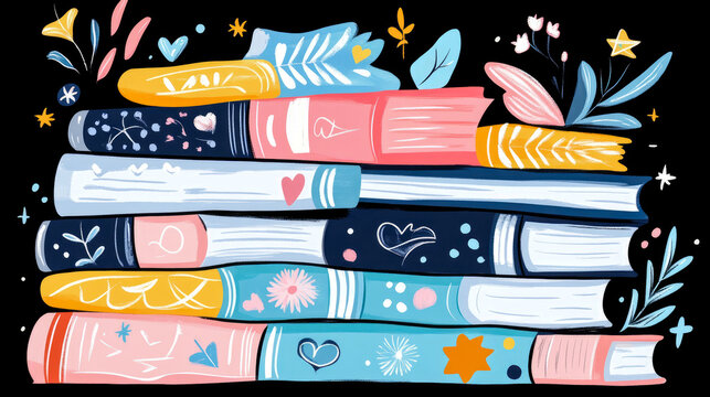 Whimsical stack of colorful, artistically decorated books featuring floral, heart, and star motifs, set against deep black background, evoking sense of cozy learning and imaginative wonder