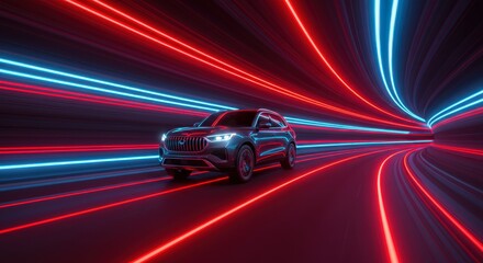 Futuristic SUV Driving Through Neon Light Tunnel – Concept of Speed, Innovation, and Technology