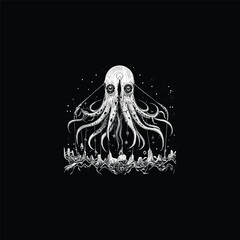 A dramatic, engraved illustration of a cosmic octopus with long tentacles reaching down to a dark, desolate landscape