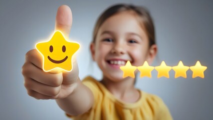 Happy Little Girl Giving Five Star Positive Review with a Thumbs Up

