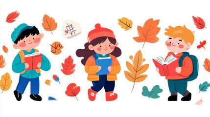 Cheerful cartoon children enjoying reading books amidst falling autumn leaves, representing back-to-school season and joy of learning in fall.