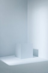 Minimalist blue cube in corner space