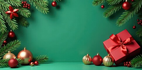 Elegant Christmas frame Spruce, gifts, paper accents Earthy palette on teal backdrop , beige, accents, poster