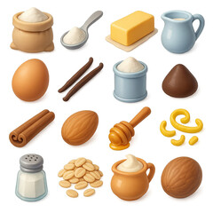 3d kitchen essentials icon set featuring flour, sugar, butter, milk, egg, vanilla, chocolate, cinnamon, almond, honey