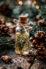 Christmas essential oils in a small bottle. Selective focus, Generative AI,