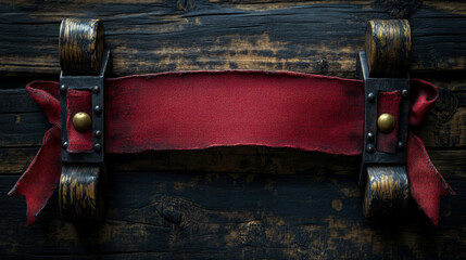 Rustic deep red fabric banner with frayed edges, secured by ornate dark metal and distressed wooden scroll holders on textured vintage black wood background, ready for text.