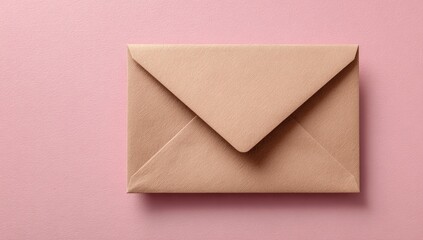 A light-brown envelope sits centrally on a pale pink background, subtly shadowed, suggesting a flat lay product shot