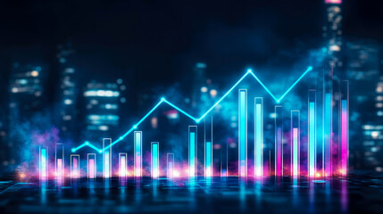 Abstract high-tech financial data visualization showing rising line graph and bar charts with neon glow, reflecting on digital surface in blurred city night